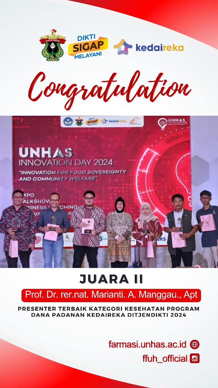 Bangga! Dekan Fakultas Farmasi Unhas Raih Juara 2 Tingkat Presenter Terbaik Kategori Kesehatan Program Dana padanan Kedaireka DITJENDIKTI 2024